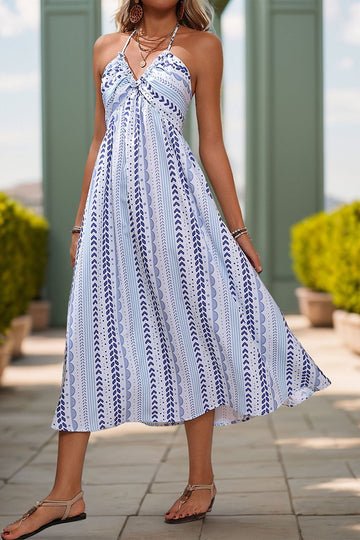Light Blue Printed Halter A Line Long Summer Dress